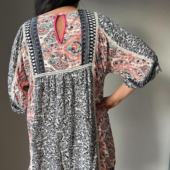 EUC. Boho [Sundance] Romantic Navy & Pink Kimono Mini Dress + Keyhole | Large - Picture 8 of 15